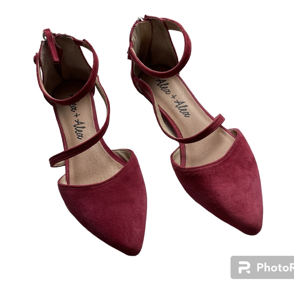 Alex and Alex Suede Ankle Strap Flats. Berry Colored - Zip Back